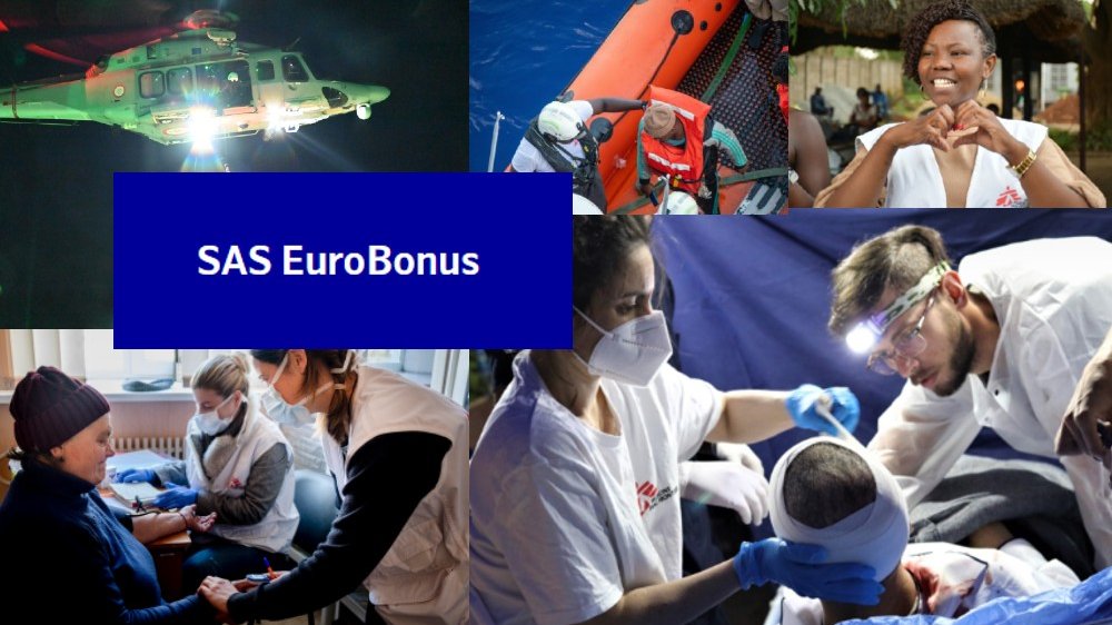 Kollage över Läkare Utan Gränsers arbete med SAS EuroBonus logotyp över