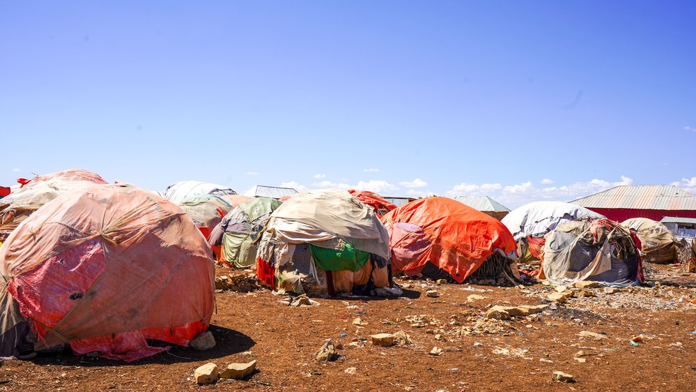 Ett jordigt fält med färgglada tält gjorda av plast och tygbitar.