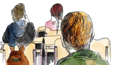 En illustration av tre människor vid skolbänkar