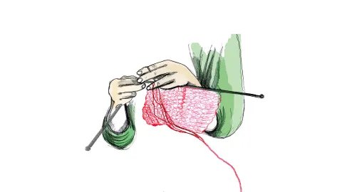 En illustration av två händer som stickar