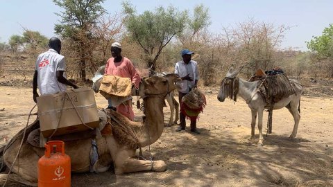 Vårt team lastar förnödenheter på en kamel på väg till byn Dilli, Sudan.