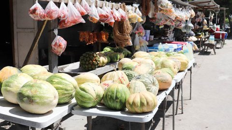 Längs en väg stor ett långt bord uppställt med ett tjugotal vattenmeloner.