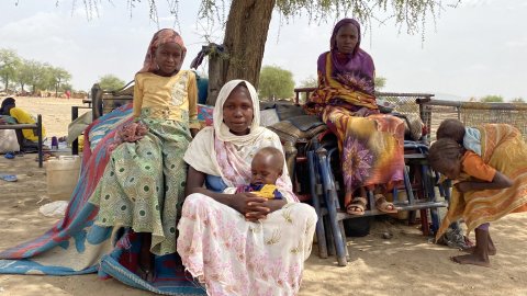en kvinna sitter med sina barn på marken vid ett träd