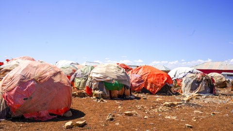 Ett jordigt fält med färgglada tält gjorda av plast och tygbitar.