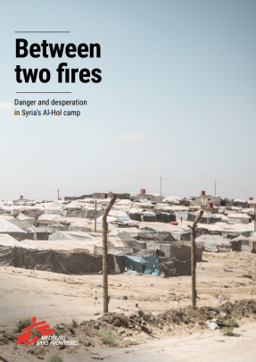 I text står Between two fires - danger and desperation i Syria's Al-Hol Camp, över en bild på ett tältläger i öknen