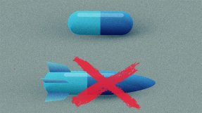 Illustration av en kapseltablett och en överkryssad missil