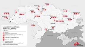 Karta över de platser i Ukraina där Läkare Utan Gränser arbetar i juni, 2022.
