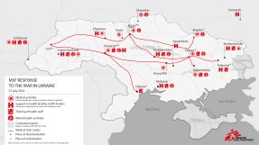 Karta över de platser i Ukraina där Läkare Utan Gränser arbetar i juli 2022.
