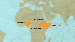 Karta över Afrika med länderna Etiopien, Sydsudan, Somalia och Nigeria utmarkerade