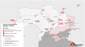 karta över Läkare Utan Gränsers projekt i Ukraina juni 2023