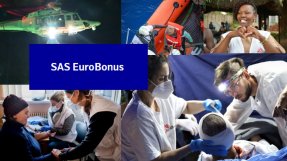 Kollage över Läkare Utan Gränsers arbete med SAS EuroBonus logotyp över