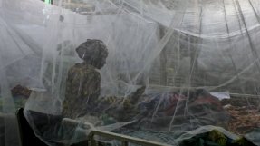 En kvinna sitter men ryggen mot kamerna på en sjukhussäng täckt av ett myggnät
