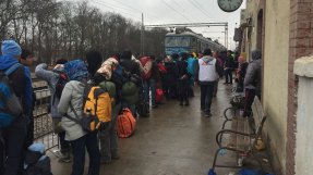 Flyktingar och migranter stiger på tåget mot Sid, i norra Serbien.