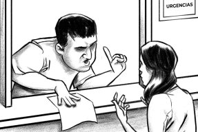 En illustration av en man som håller ett finger i luften i en lucka som argumenterar med en flicka
