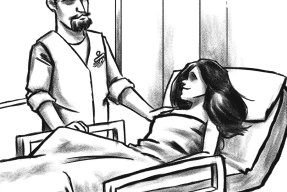 En illustration av en kvinna i en säng tillsammans med en läkare från läkare utan gränser