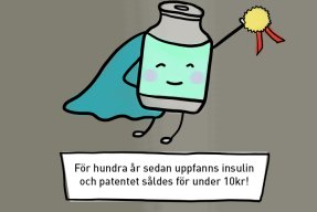 En illustration med texten: För hundra år sedan uppfanns insulin och patentet sålder för under 10kr!