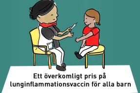 En illustration med texten: Ett överkomligt pris på lunginflammationsvaccin för alla barn.