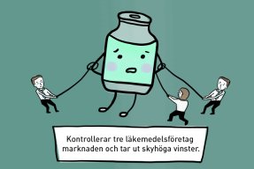 En illustration med texten: Kontrollerar tre läkemedelsföretag marknaden och tar ut skyhöga vinster.