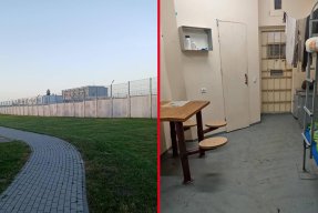 Två bilder som visar förvaret Kybartai i Litauen, den ena utifrån och den andra innifrån.