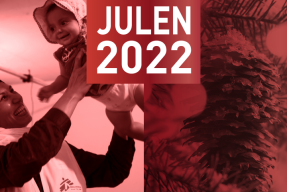 Juligt kollage med en bebis som blir upplyft av en av Läkare Utan Gränsers anställda. Överst står det JULEN 2022.