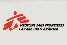 Läkare Utan Gränsers logotyp mot en beige bakgrund