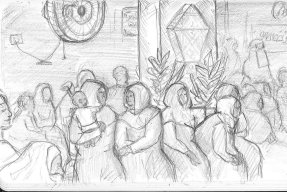 Illustration av en grupp människor som väntar.