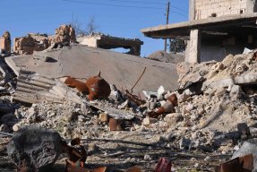 Förstörda hus i Kobane, Syrien. 