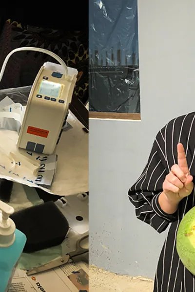 Sjuksköterskan Anna Lena Eriksson står med en vattenmelon i famnen.