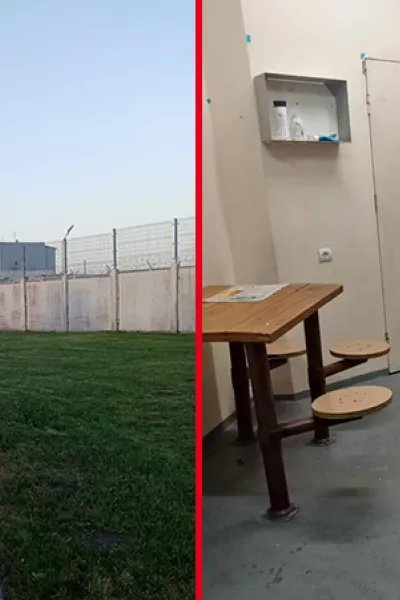 Två bilder som visar förvaret Kybartai i Litauen, den ena utifrån och den andra innifrån.