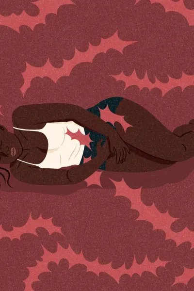 Ilustration av en kvinna som ligger och håller händerna över sitt underliv. 