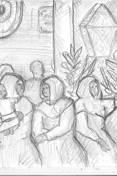 Illustration av en grupp människor som väntar.