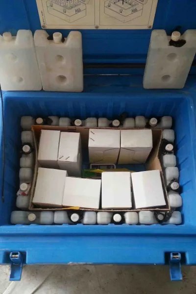 Mässlingsvaccinerna packas i kyllådor med kylklampar och kartong som systematiskt placeras för att vaccinet alltid ska vara mellan 2 och 8 grader.