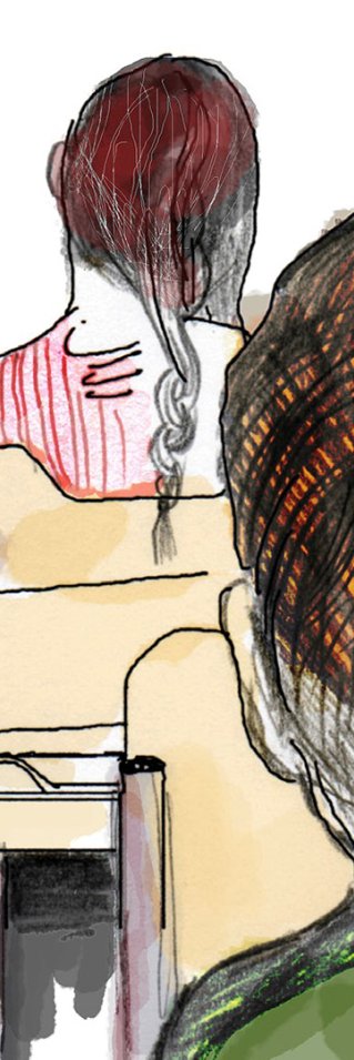 En illustration av tre människor vid skolbänkar