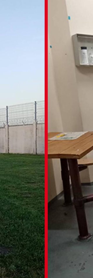 Två bilder som visar förvaret Kybartai i Litauen, den ena utifrån och den andra innifrån.