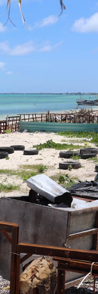 Längs en vit sandstrand ligger bilddäck utspridda och stora svarta sopsäckar står uppradade som en skyddsmur. 