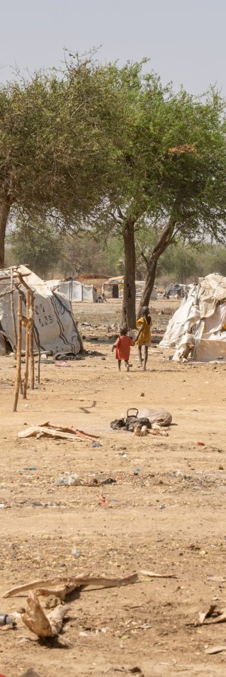 små tillfälliga hyddor av träpinnar och plastskynken i internflyktinglägret  Gomgoi i Sydsudan