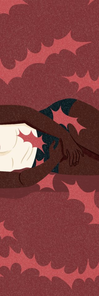 Ilustration av en kvinna som ligger och håller händerna över sitt underliv. 