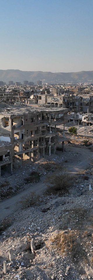 Sönderbombad stadsmiljö i Östra Ghouta