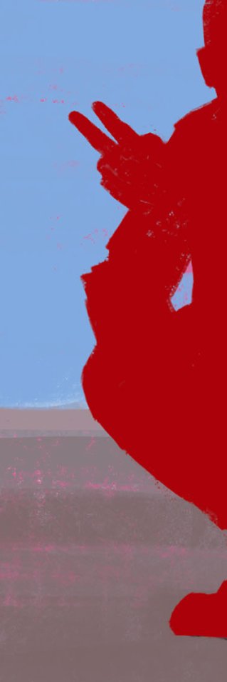 Illustration av en hukande man med två fingrar i luften och en annan man i förgrunden som tittar på honom