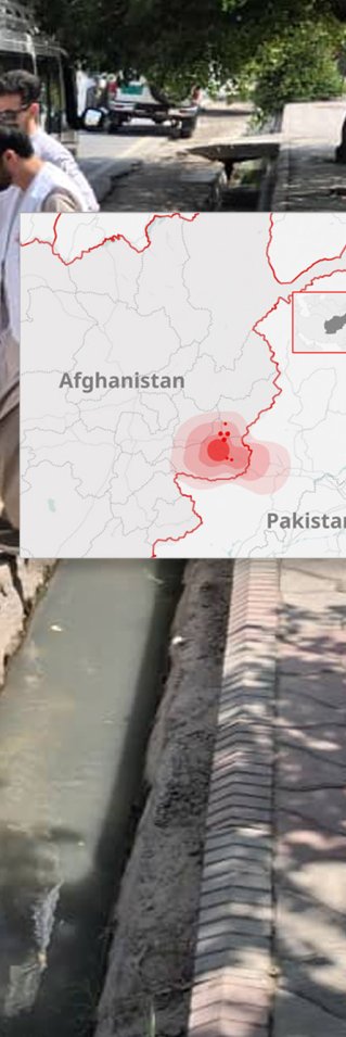 Personal lastar in medicinska förnödenheter i en minibuss med en flicka sittande vid vägkanten och en infälld karta som visar området vid gränsen till Pakistan