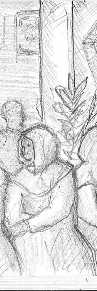 Illustration av en grupp människor som väntar.