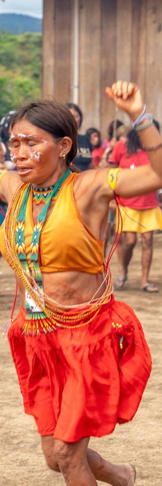 En kvinna i färgglada kläder har armarna upp i luften som att hon hoppar eller dansar. I bakgrunden står människor uppradade.