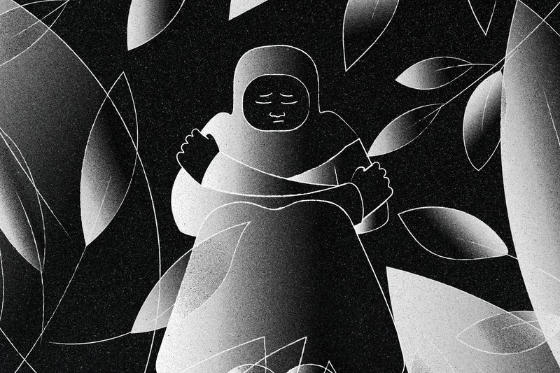 Illustration av kvinna med armarna runt sig själv bland växtlighet.