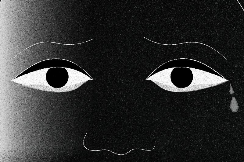 Illustration av närbild på en persons ansikte, personen gråter.