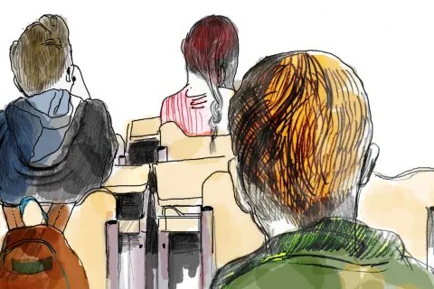 En illustration av tre människor vid skolbänkar