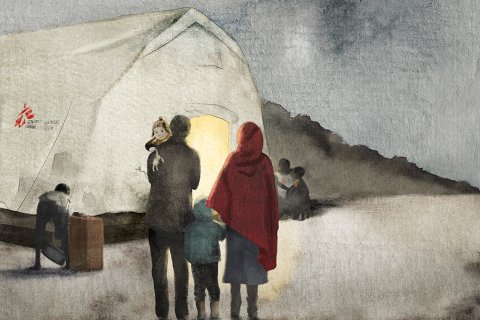 Ryggtavlan av en familj med två barn, i bakgrunden ser man ett tält med Läkare Utan Gränsers logotyp på