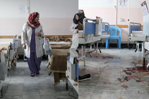 En före och efterbild på avdelningar på sjukhuset med blod på golvet på den andra bilden