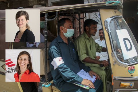 Hälsoinformatören Munir Hussain delar ut munskydd i Karachi, Pakistan, för att stoppa spridningen av covid-19.