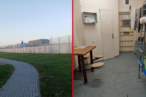 Två bilder som visar förvaret Kybartai i Litauen, den ena utifrån och den andra innifrån.