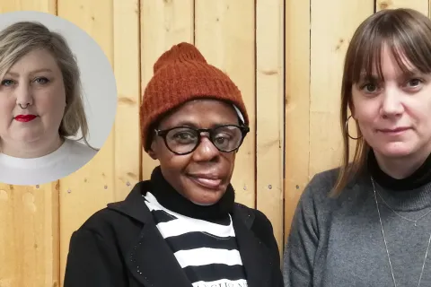 Deltarna i podden. Från vänster: Hiwot Melak, läkare, Mia Hejdenberg, medicinsk humanitär rådgivare, nomaöverlevaren Mulikat Okanlawon och Catinka Agneskog, programledare.